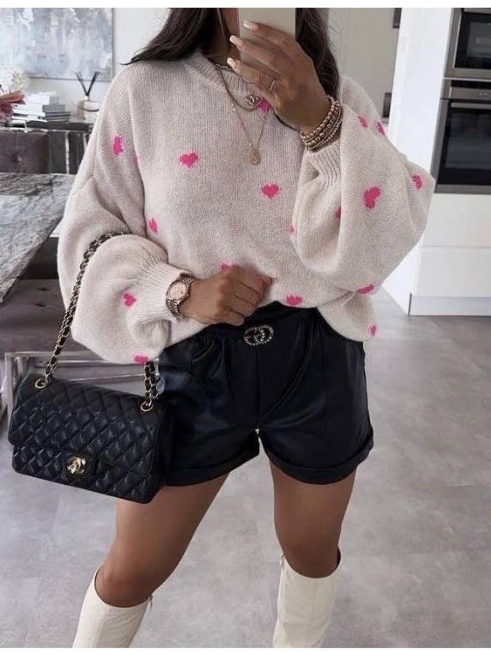 ESTEE BROWN Cozy Cream Knit Sweater with Pink Hearts